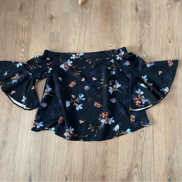 Topshop Maternity Ella Bardot Blouse Top Size 16 Black Multi Flared Off Shoulder - Picture 4 of 9